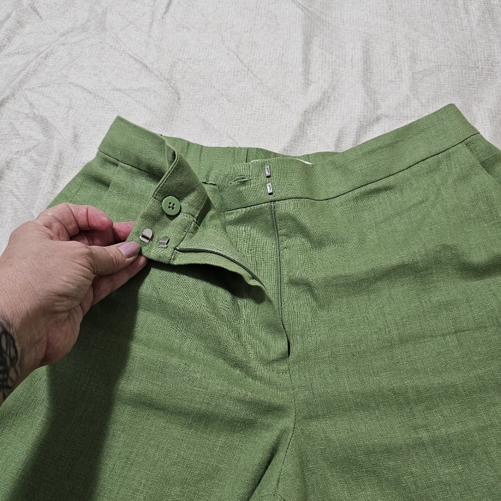 MNG Linen Tailored Pants Flat Front Green Straight Ciggarette Leg Womens Small - Picture 8 of 15